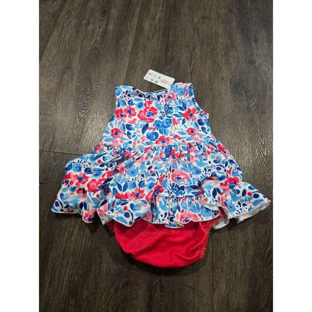 Pete + Lucy Baby Girl Floral Dress Romper Red Blue Watercolor Ruffle 12-18M NWT